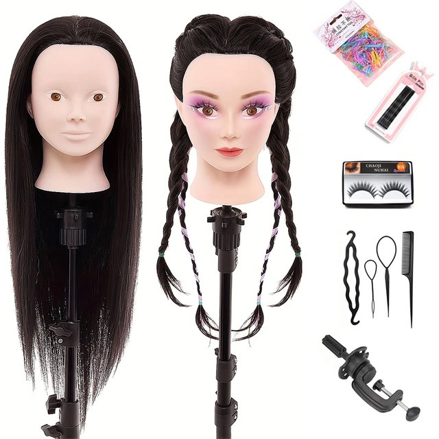 24 Inch Makeup Hair Mannequin Head with Synthetic Hair Cosmetology Practice Doll Braiding Hairdressing Head with TableClampStand
