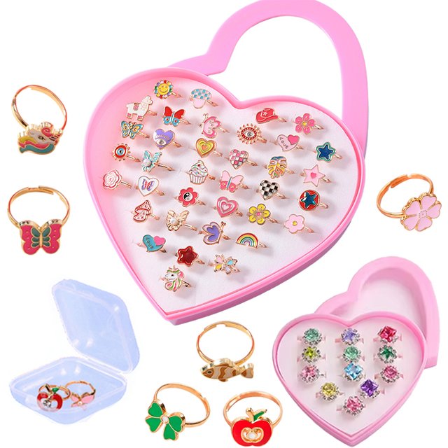 6/12/36pcs Cute Adjustable Rings Children Girls Pretend Play Makeup Toys Cartoon Crystal Jewelry Alloy Animal Enamel Rings