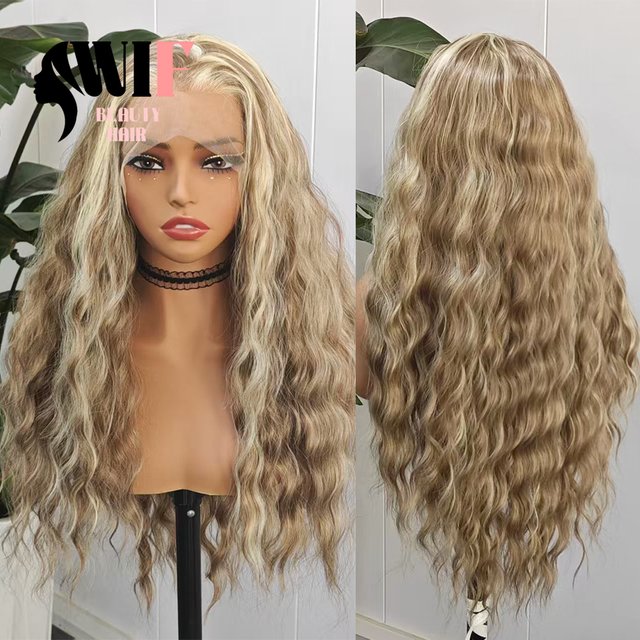 WIF Highlight Brown Synthetic Wig Natual Hairline Loose Wave Lace Front Wigs Mix Brown Hair Heat Fiber Makeup Daily Women Use