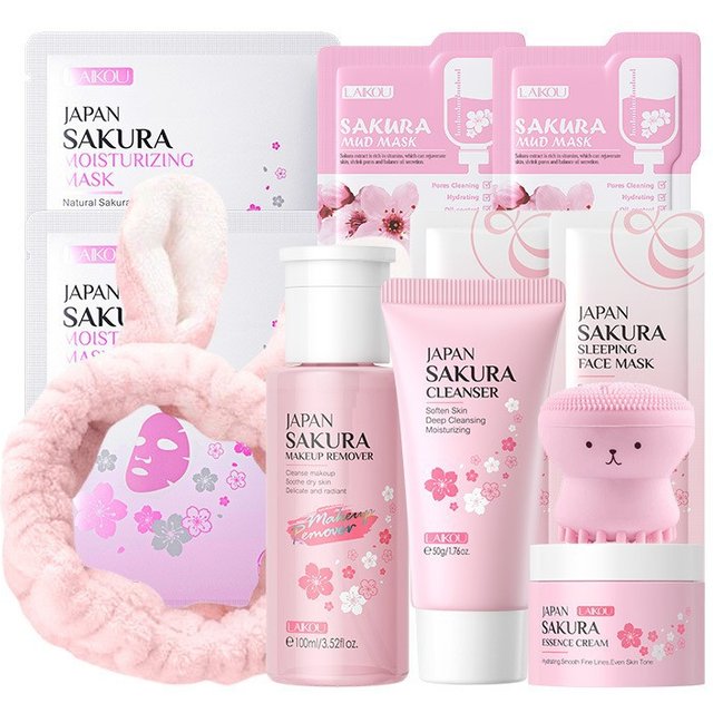 Korean Sakura Skincare Set Hydration Moisturize Cleanse Pores Sunscreen Protection Cosmetic Beauty