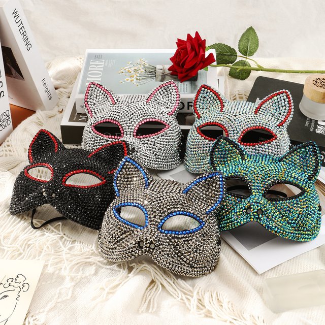 Two-tone Cat Face Mask for women DIY Handmade Rhinestone High-end Party Mask Masquerade COSPLAY Mask