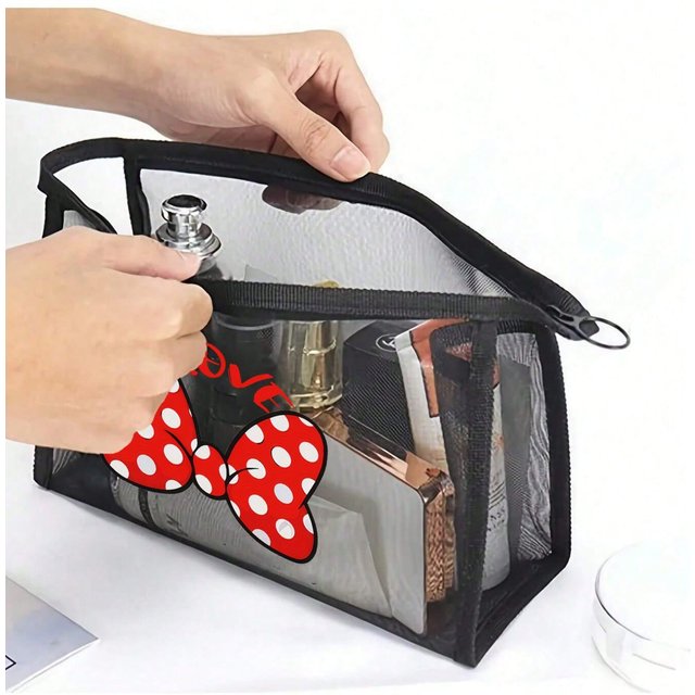 1pc Travel Black Bow Mesh Cosmetic Bag Zipper Makeup Bag for women Wash Toiletry Bag Makeup Organizer Portable Storage Pouch