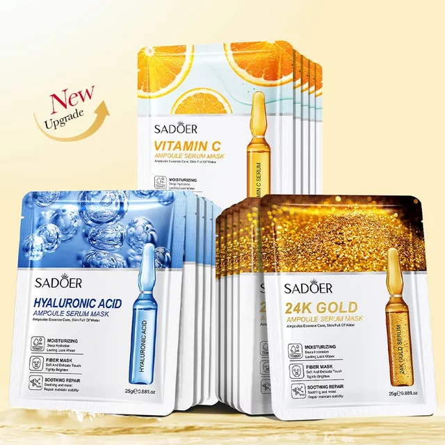 15pcs SADOER 24K Gold Vitamin C Hyaluronic Acid Facial Masks for Face Moisturizing Firming Hydrating Face Mask Facial Skin Care