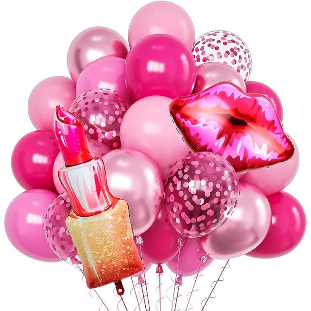 Pink Birthday Decorations, Pink Birthday Decorations, with Lipstick Balloons and Lip Gloss, Makeup Balloons for Girls’ Parties