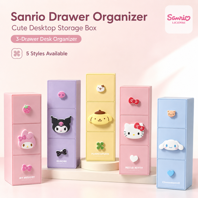 Sanrio 3-Drawer Desktop Storage Organizer Cute Cartoon Hello Kitty My Melody Desk Drawer Storage Box Makeup Stationery Container