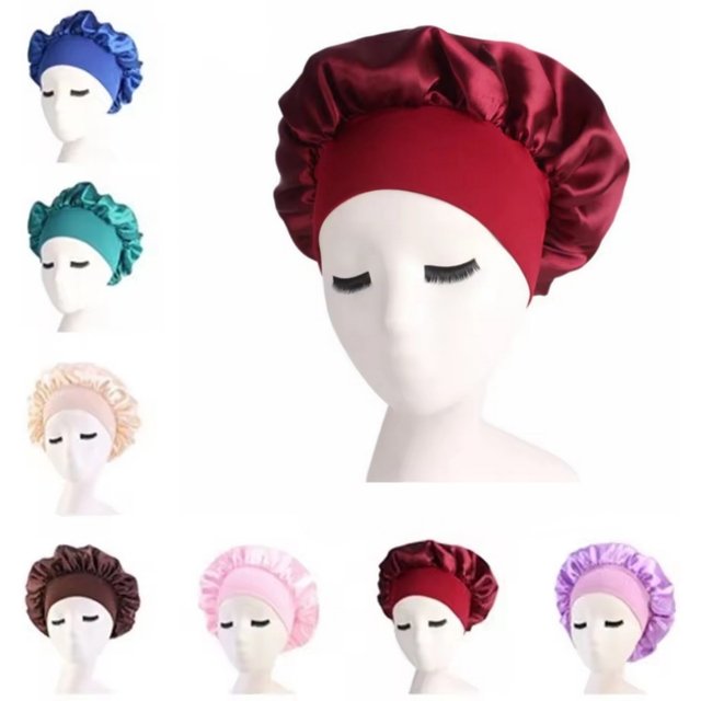 New Women's Satin Solid Wide-brimmed Sleeping Hat Unisex Head Wrap Elastic Band Cap Hair Care Bonnet Night Hat Bonnet De Nuit
