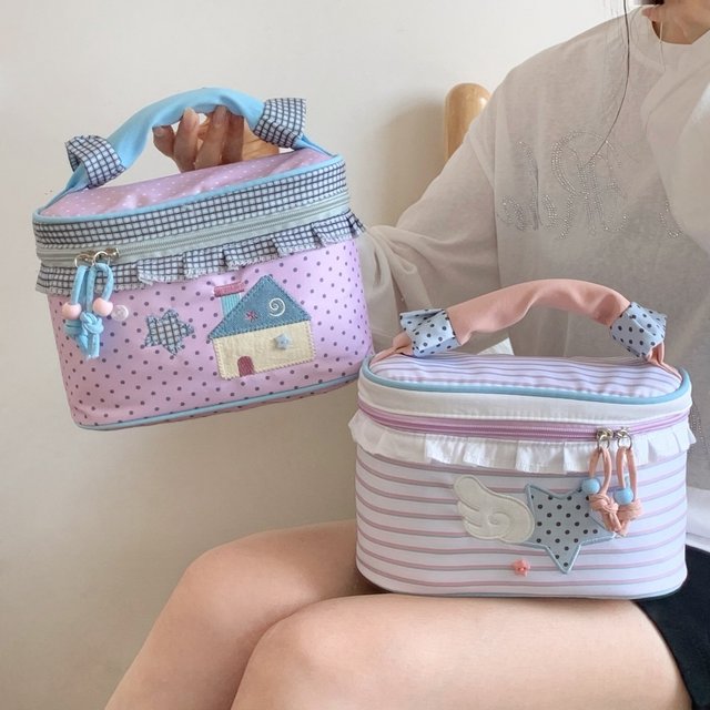 Korean Patchwork Stripe Polka Dot Makeup Bag for women,Large Capacity Portable Handheld Toiletry Pouch,Travel Cosmetic Organizer
