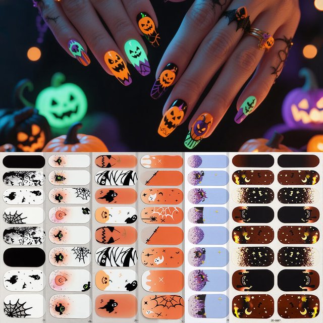 Halloween Nail Wraps Full Stickers Nail Polish Strips DIY Self-Adhesive Nail Art Pumpkin Bat Ghost Spider for Party Decor