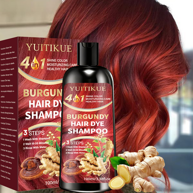 YUITIKUE 4 IN 1 Burgundy Hair Dye Shampoo Natural Ginger Herbal Long Lasting Moisturizing Hair Color Shampoo 100ml