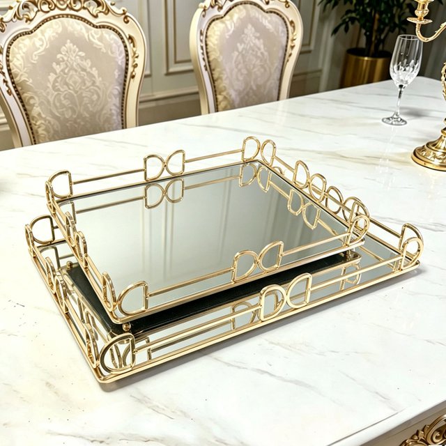 Luxury Gold Mirror Storage Tray Rectangle Glass Metal Jewelry Tray Large Capacity Square Makeup Snack Tray Tea Decoration