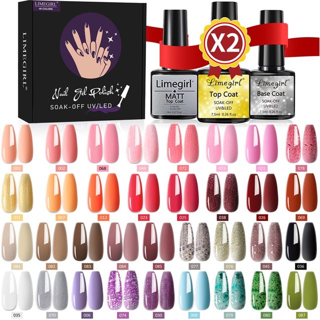 LIMEGIRL 40pcs Gel Nail Polish Set Semi-Permanent Soak In UV LED Gel Varnish with Base Glossy and Matte Top Coat UV Gel Kit