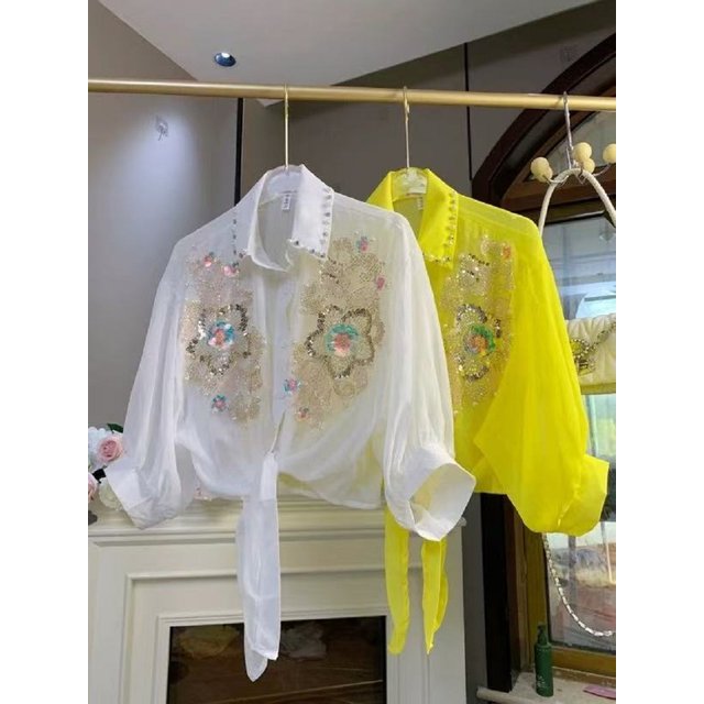Sparkle Sequines Embroidery Blouses Shirts for women Cardigans Spring Summer Sunscreen Top Korean Popular Clothes