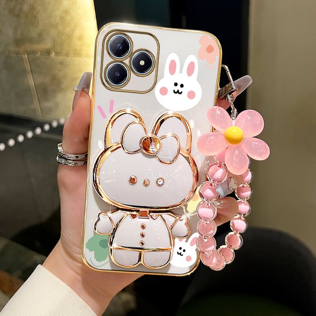 For Realmec63 Flower Strap Rabbit Makeup Mirror Phone Holder Case On For Oppo Realme C63 C61 C 63 61 Girl Woman Cover