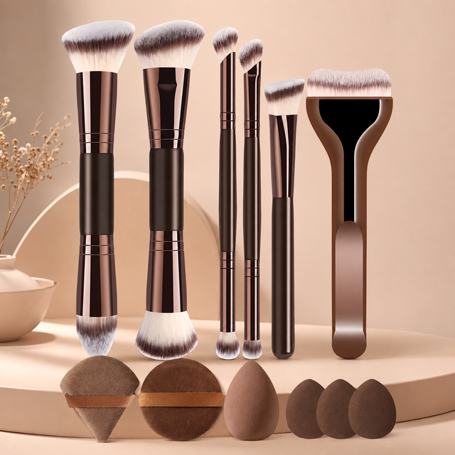 12-Piece Makeup Brush Set With 6 Flat and Round Brushes and 6 Sponges for Foundation, Powder, Blush and Eyeshadow