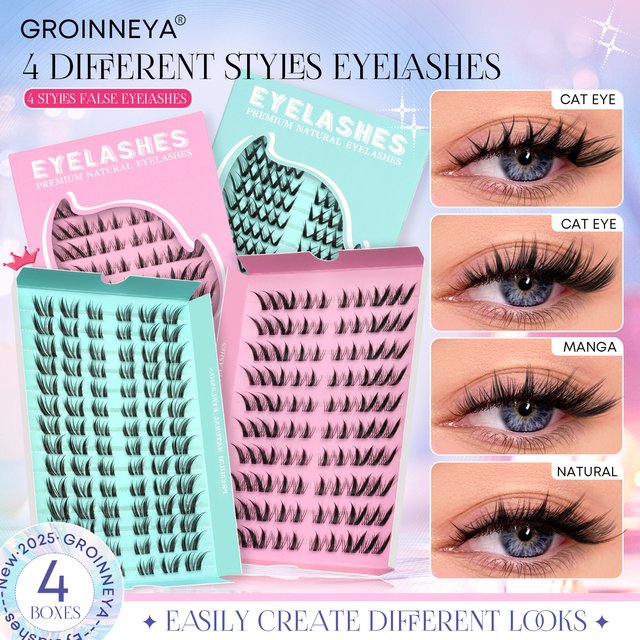 GROINNEYA Cat Eye Lashes DIY Lash Clusters Extension Manga Cluster Eyelashes Soft Cross Mixed Tray Natural False Lashes Makeup