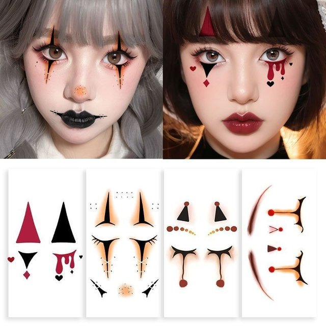 1/100Pcs Makeup Joker Face Tattoo Sticker Art Realistic Circus Clown Temporary Tattoo Long Lasting Halloween Tattoo Sticker