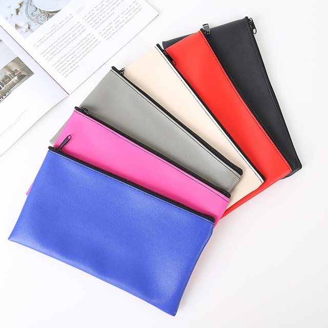 Faux Leather Pencil Pouch Zippered Money Cash Pen Case Secure Zipper Wallet Bank Bag For Coins Bills Invoices Cosmetics Bag