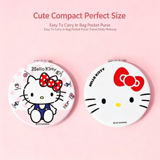 Kawaii Hello Kitty Portable Folding Pocket Mirror Double Sided 1X 2X Magnifying Compact Makeup Mirror For Travel Purse