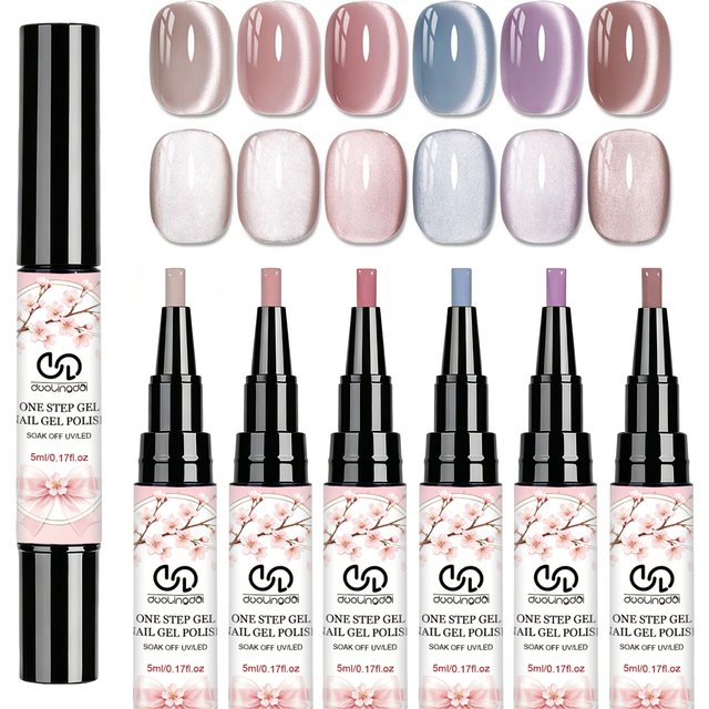 3-In-1 One-Step Gel Polish 6 Colors with Latex Tape - No Base Coat Or Top Coat Needed, Nude Gel Nail Polish High Saturation