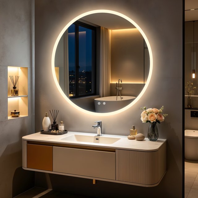 80cm Smart Round LED Bathroom Mirror Backlit Illuminated Vanity Mirror Wall Mounted Makeup Mirror with Dual Touch Buttons