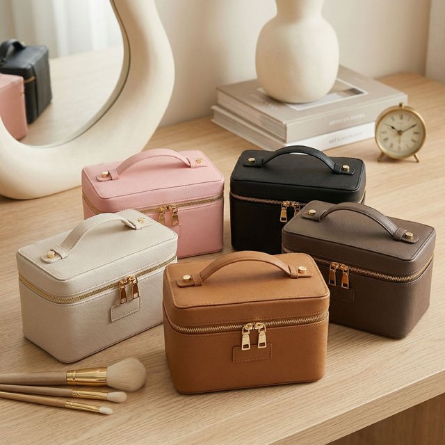 Large Capacity Pu Leather Double Zipper Handle Portable Beauty Cosmetic Bags for Travel Ladies Vanity Makeup Bags