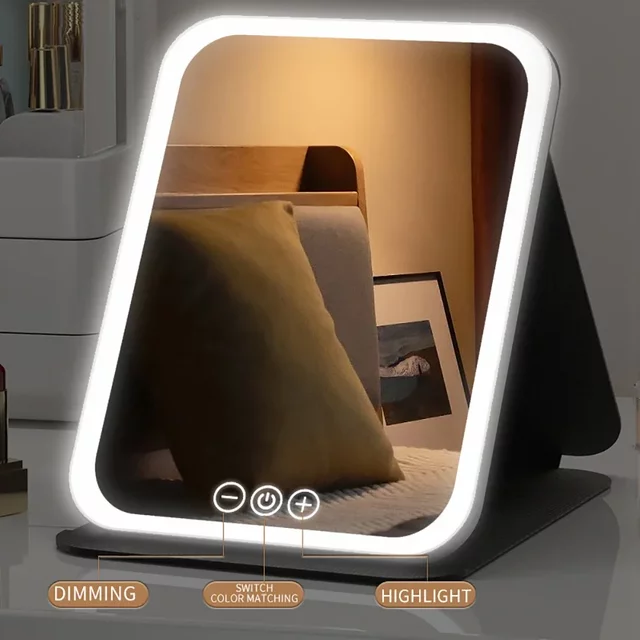 LED Dimmable Makeup Mirror 3 Colors Light Modes Adjustable Brightness USB Charging Foldable Vanity Mirror for Travel Home