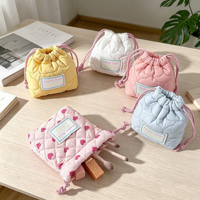Cute Macaron-Colored Travel Toiletry Bag; Quilted Fluffy Soft Camera Bag, Portable Coin Purse, Drawstring Bag, Gift Packaging Bag, Can Hold Lipstick, Earphones, Change, Hair Accessories, Jewelry,