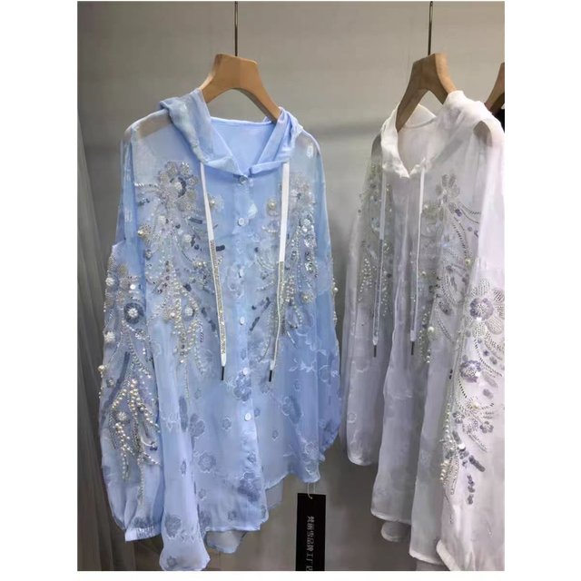 New In Sparkle Pearls Diamonds Embroidery Hooded Shirts Blouses for women's Long Sleeve Loose Casual Sunscreen Tops Blusas
