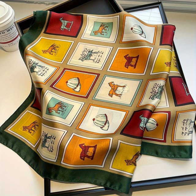 27.55" Grid Horse Print Square Scarf Simulated Silk Neck Scarf Stylish Sunscreen Headscarf for women