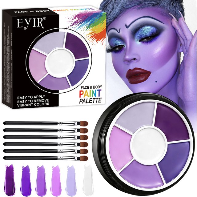 6 Colors Purple Face Body Paint Palette Water Activated SFX Makeup Kit With Brush Cosplay Halloween Party Festival Painting Set