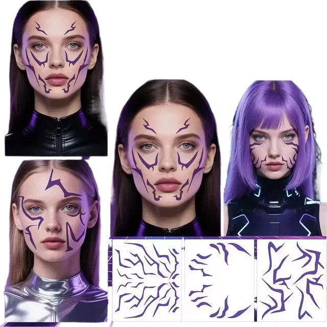6 Sheets Temporary Tattoos, Purple Lightning Bold Makeup for Cosplay Role Play, Waterproof Face Art Stickers