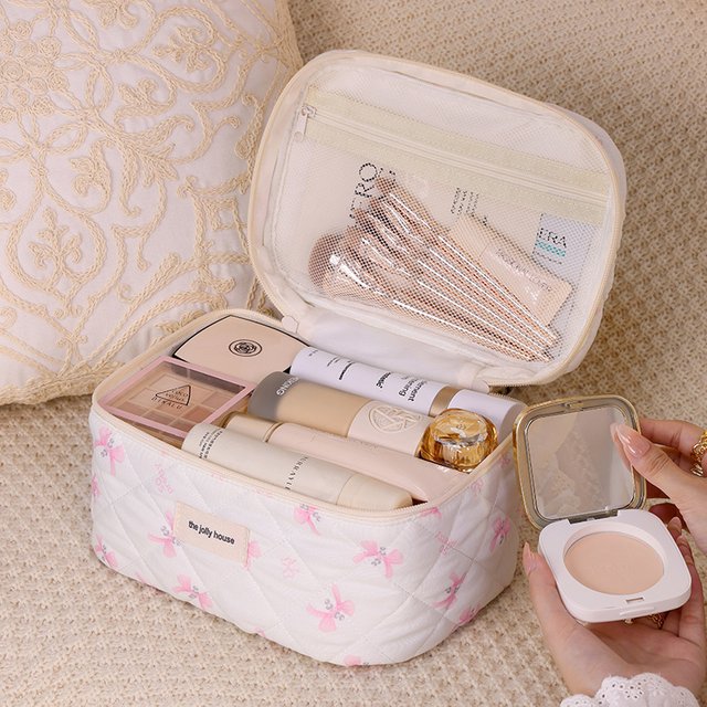 Women's Cotton Makeup Bag Cute Bow Cosmetic Bag Girl's Large-Capacity Skin Care Product Storage Bag Portable Travel Toiletry Bag