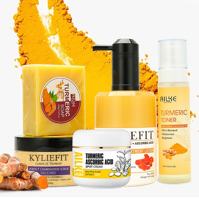AILKE Natural Turmeric Skin Care Range for women, Lightening, Cleaning Skin, Moisturizes, Remove Acne Dark Spots, Refining Pores