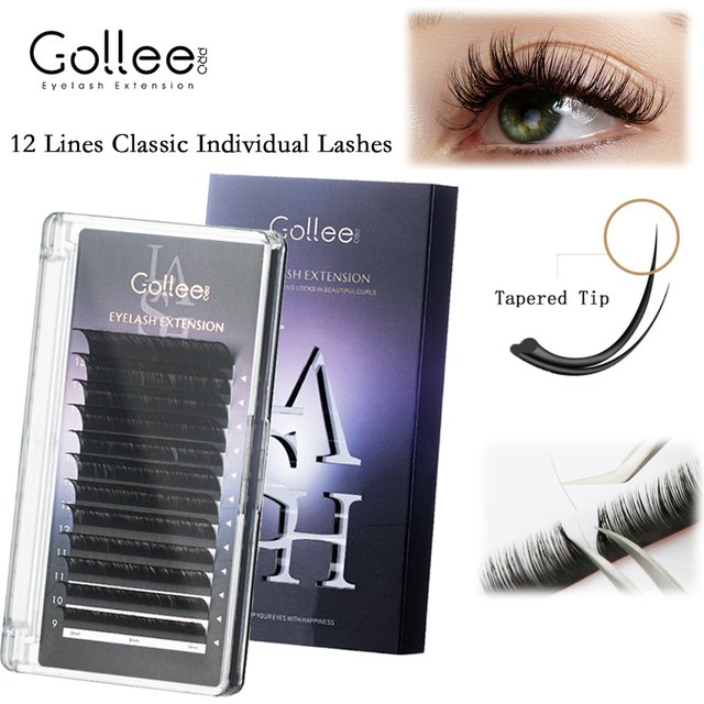 Gollee 12 Row Classic Individual Eyelashes Extensions 9-15/15-21mm Handmade PBT Fiber C/CC/D Curl Natural False Lashes Makeup