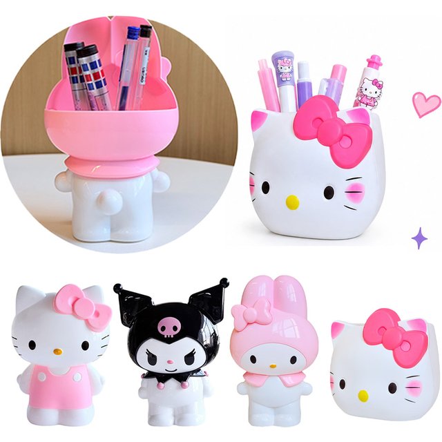 Cute Sanrio Hello Kitty Figurine Pen Cup Dual Purpose Cosmetic Brush Holder Desktop Decoration Collectible Toy Gift
