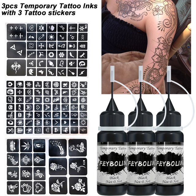 3pcs Temporary Tattoo Inks with 3 Tattoo Stickers Long-Lasting Kit, Freehand Painting Gel for Makeup Trend Party Tattoos for Fac