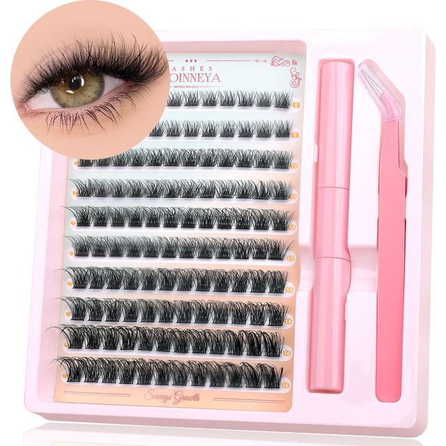 GROINNEYA Fluffy Lash Clusters Kit With Waterproof Strong Hold DIY Lash Extension Kit Lash Bond & Seal & Eyelash Tweezers Makeup