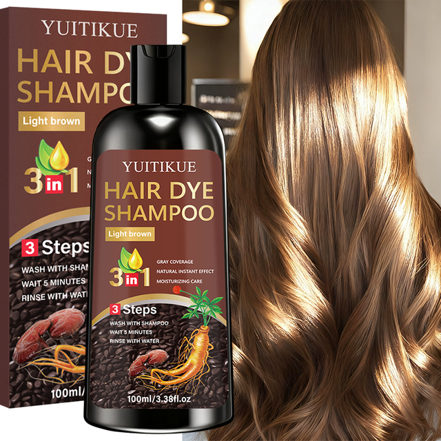 YUITIKUE Shampooing colorant pour cheveux brun clair 3-en-1 | Application facile en 3 étapes pour une couverture naturelle des cheveux gris et un soin hydratant 100ml