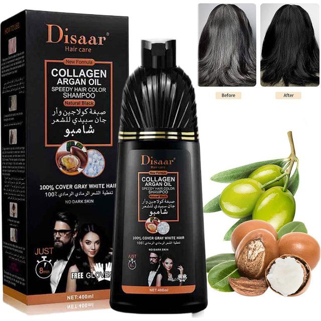 Shampoo colorant capillaire rapide Disaar Collagen Argan Oil 400ml – Teinture noire naturelle en 8 minutes, 100% de couverture des cheveux gris, sans taches sur la peau