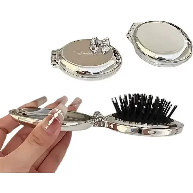Sliver Folding Comb with Makeup Mirror Pocket Scalp Massage Comb Portable Hair Styling Brush for women Hairdressing Accessories