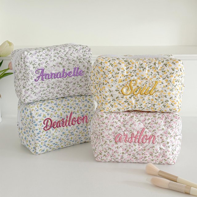Custom Name Floral Makeup Bag Quilted Cosmetic Pouch Personalized Embroidery Toiletry Travel Organizer Gift Women Girls Cute