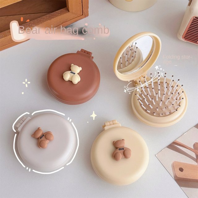 Mini Cute Foldable Head Massager Bag Hair Comb Air Cushion Comb with Makeup Mirror Portable Hair Styling Comb Tools Cartoon Air