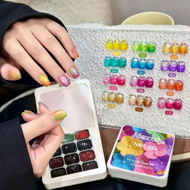 12-grid jelly-colored candy-colored series, high-transparency, no-rinse gel nail polish, UV nail gel, DIY nail art.
