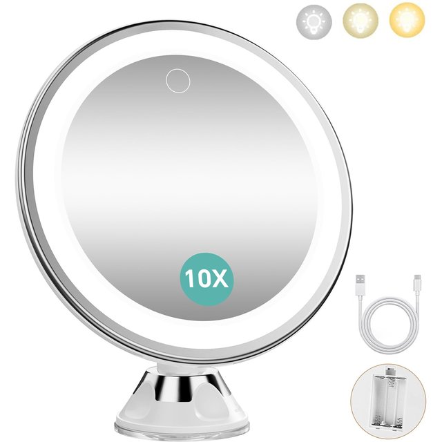 10x Magnifying Makeup Mirror 3 Lights Color Modes and Dimming Battery Operated Cordless with Suction Cup for Wall Bathroom Home