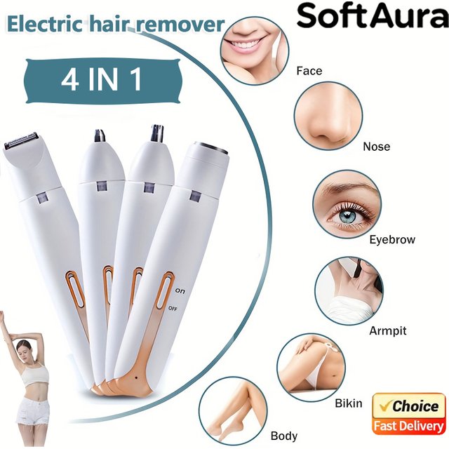 SoftAura 4 in 1 Electric Shaver for women Portable Rechargeable Razor Trimmer for Face Arms Body Legs Personal Grooming