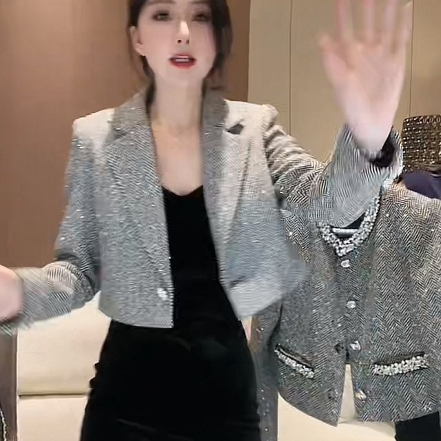 Style français léger luxe haut de gamme Style court veste parfumée 2025 printemps nouvelle mode à manches longues Blazer tempérament haut gris