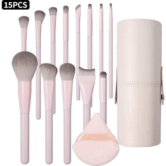 15Pcs Makeup Brushes Set with Storage Bucket & Triangle Powder Puff Foundation Blush Eyeshadow Contour Full Face Makeup Tools