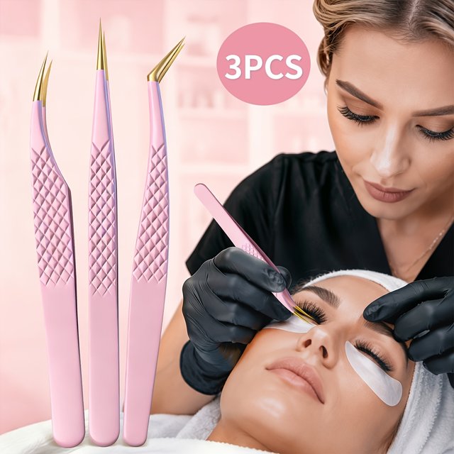 3Pcs Professional Stainless Steel Precision Eyelash Tweezers Set, Pink – Multi-functional, Odorless, Durable & Gentle Facial Hai