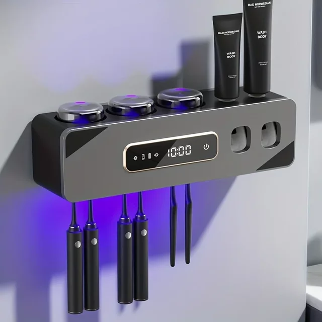 UV Sanitizing Toothbrush Holder, Smart Wall-Mounted Toothbrush Organizer with Automatic Toothpaste Dispenser, USB Charging, Lith