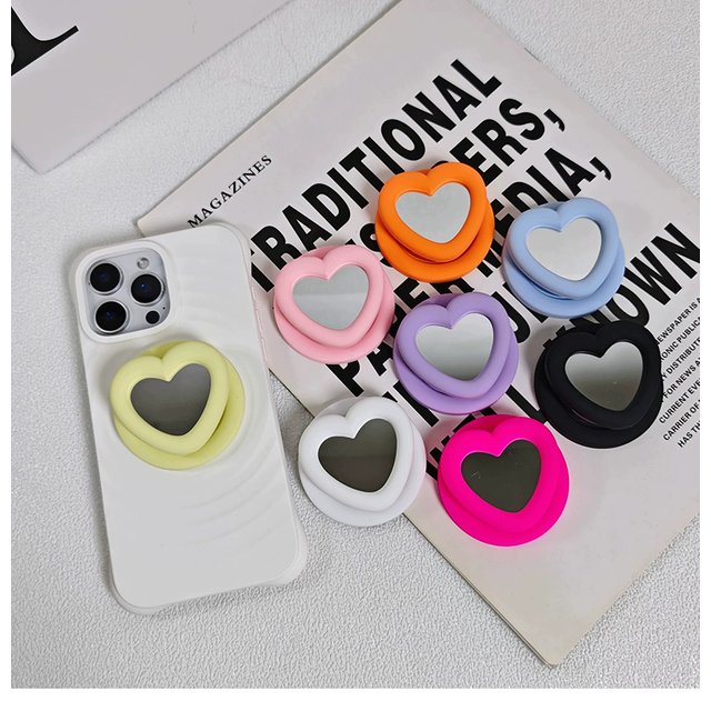 Korean Cute 3D Love Heart Makeup Mirror For Magsafe Griptok Holder Phone Finger Ring Stand Support For iPhone 17 18 Girl Bracket